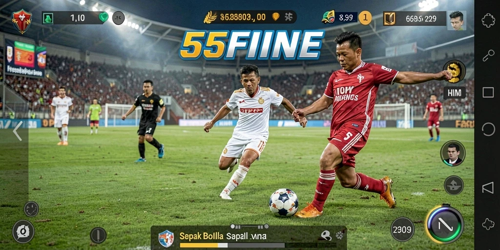 Gameplay seru 55FIVE dengan aksi sepak bola yang intens.