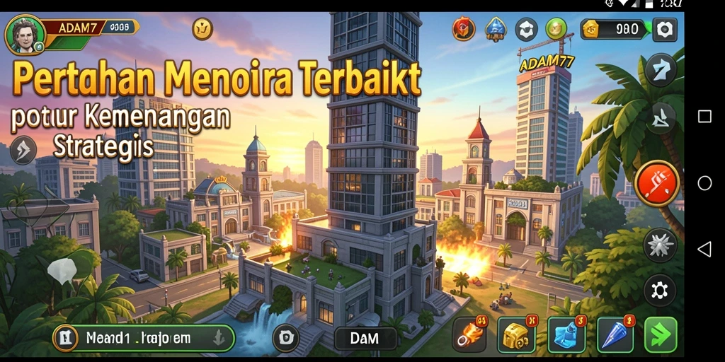 Tampilan gameplay ADAM77 dengan menara dan musuh yang menarik