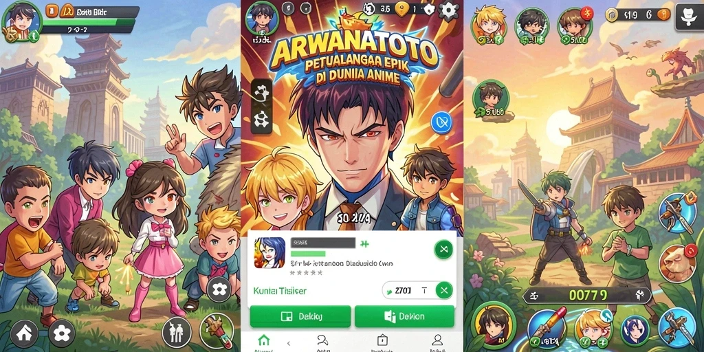 Tangkapan layar gameplay ARWANATOTO menunjukkan berbagai karakter anime yang epik.