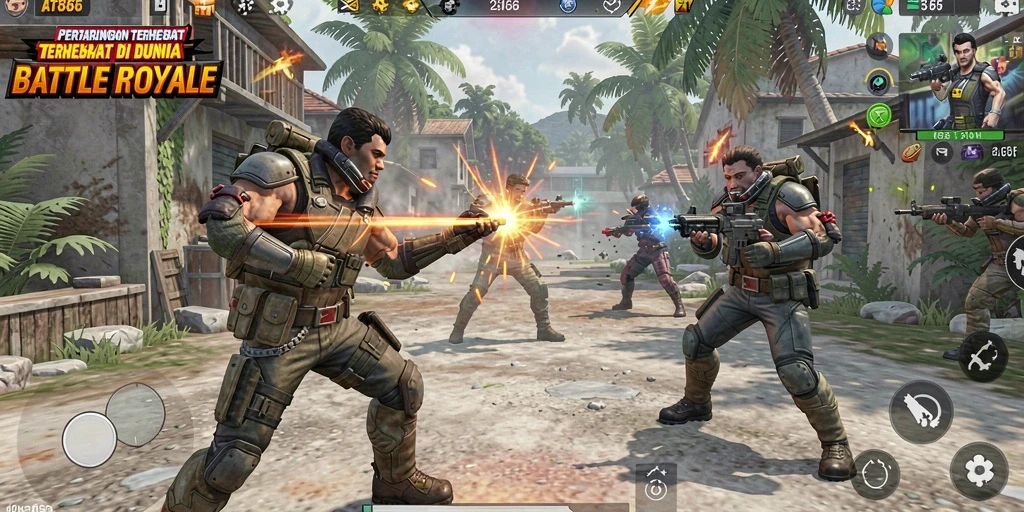 Screenshot gameplay AT866 yang menunjukkan aksi Battle Royale yang mendebarkan.