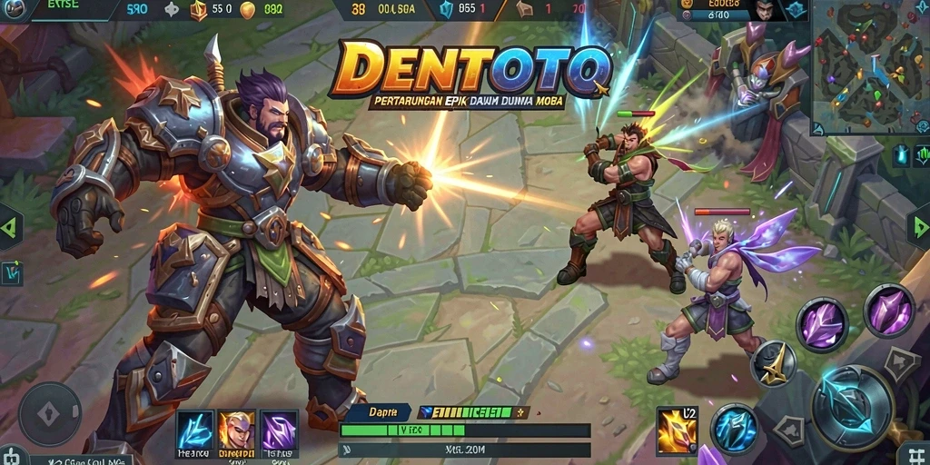 Tampilan gameplay DENTOTO yang seru dan kompetitif dalam arena MOBA.