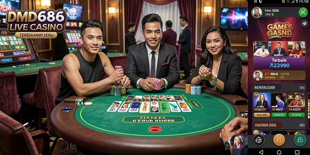 Tampilan gameplay DMD686 yang menampilkan dealer profesional di kasino langsung.