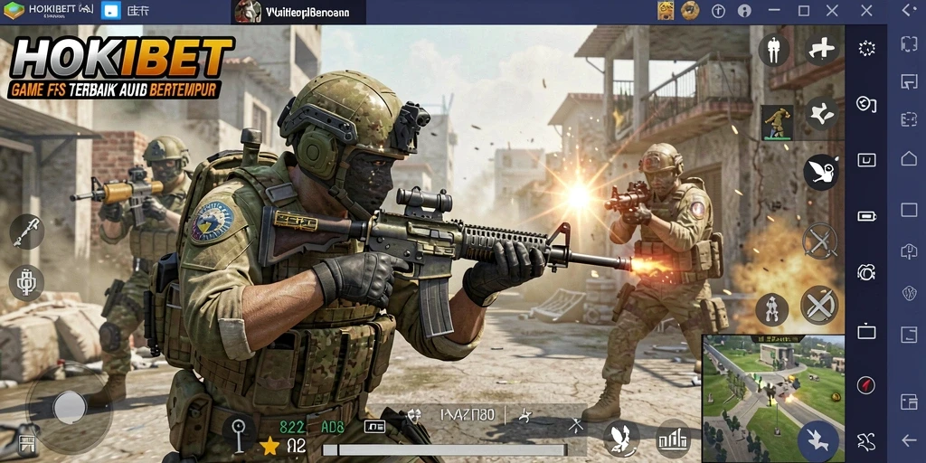 Tampilan gameplay HOKIBET yang menegangkan di medan perang FPS.