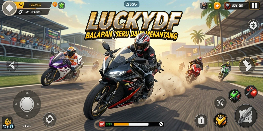 Tampilan gameplay LUCKYDF yang penuh aksi di lintasan balap motor.