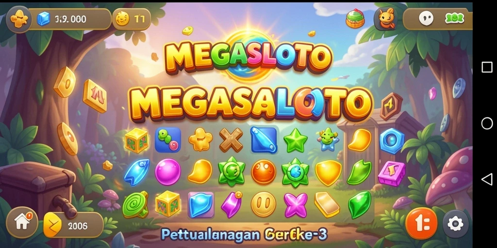 Screenshot gameplay MEGASLOTO menampilkan keseruan mencocokkan blok warna-warni.