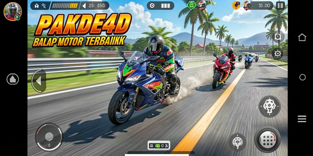 Tampilan gameplay PAKDE4D yang mendebarkan dengan motor balap cepat.