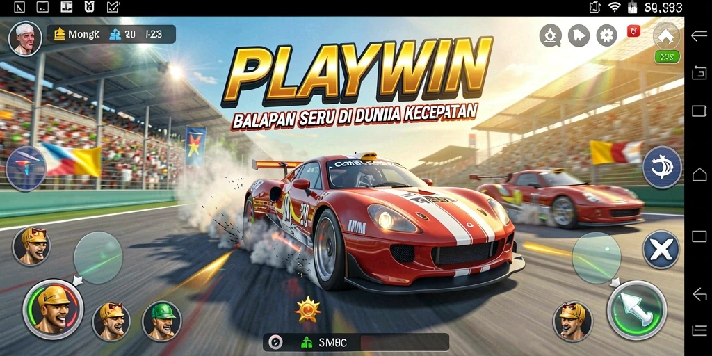 Screenshot gameplay <strong>PLAYWIN</strong> menampilkan mobil balap melaju kencang di jalanan yang menantang.