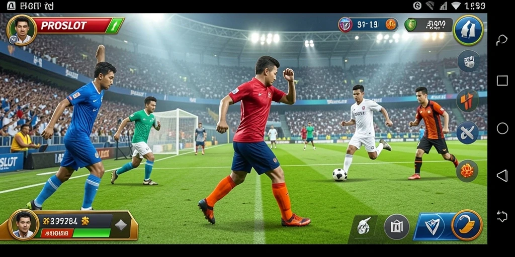 Tampilan gameplay PROSLOT yang menggambarkan aksi di lapangan sepak bola.